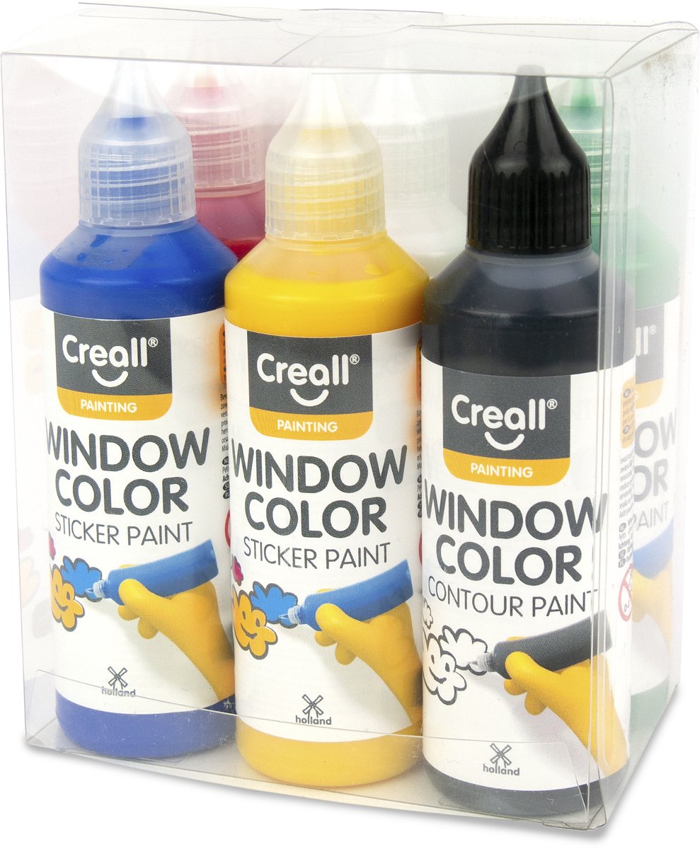 Creall Stickerverf - window color - maak verwijderbare creaties op gladde oppervlakten zoals ramen of spiegels - set 6 Kleuren – 6 x 80 ml flesjes – glutenvrij - gemaakt in Nederland — afbeelding 2
