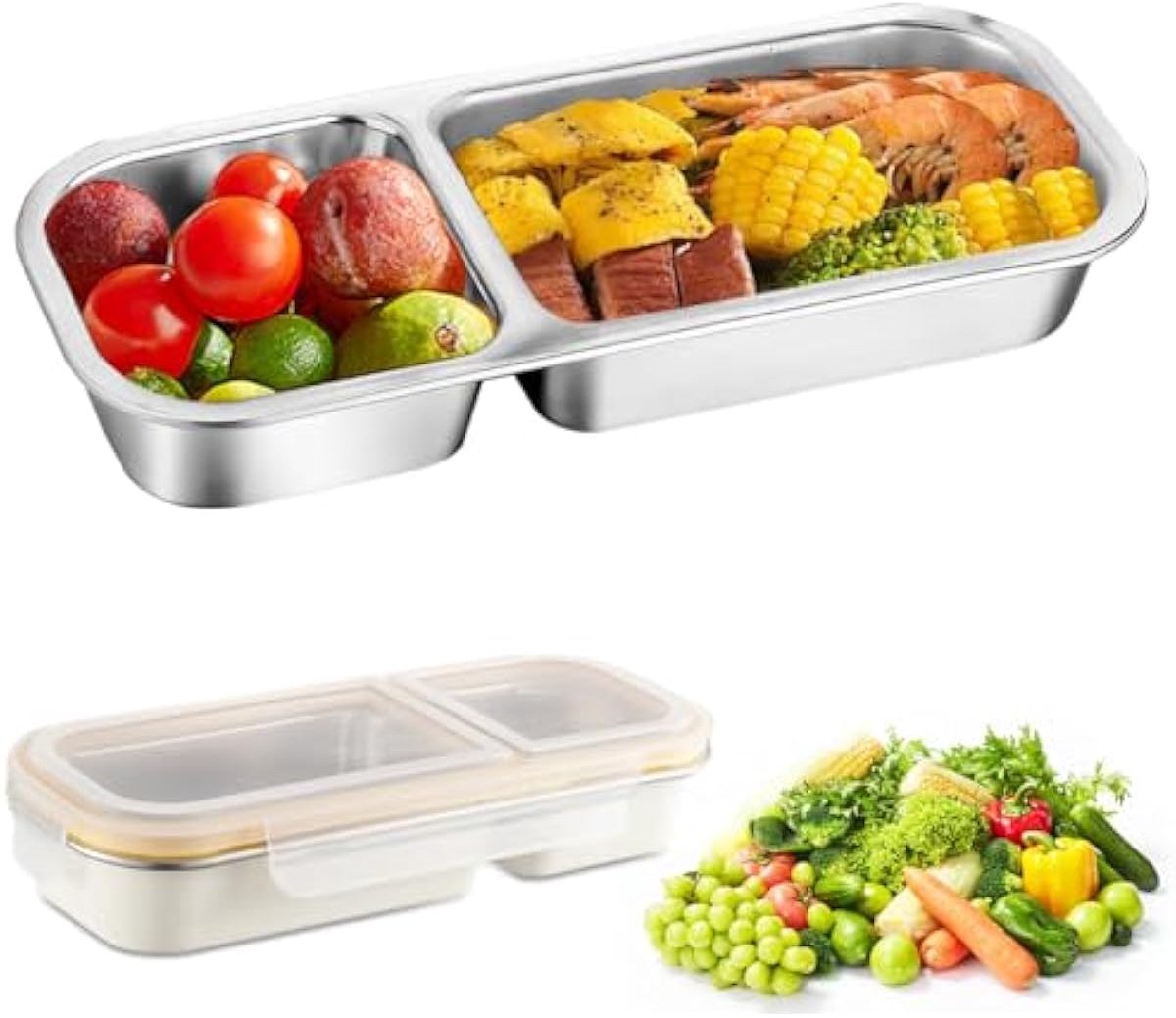 RVS Snackbox Met 2 Vakken – Lekvrije Snackdoos Met Deksel En Scheidingswand, Herbruikbaar En Vaatwasserbestendig