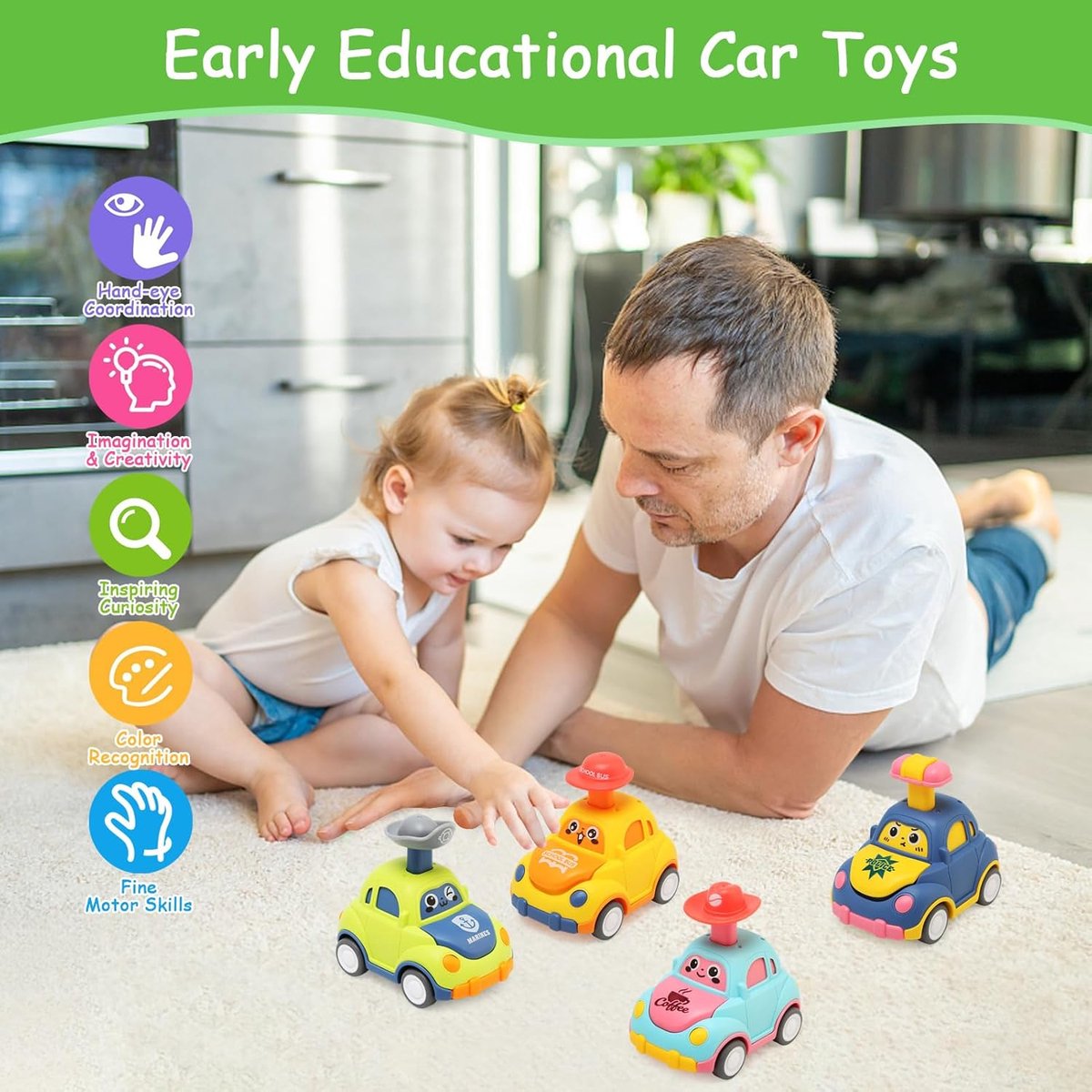 4 Stuks Press & Go Speelgoedautos voor Kinderen 1-3 Jaar - Educatieve Voertuigen Set - Veilig Baby Speelgoed - Cadeau voor Jongens en Meisjes 12-36 Maanden — afbeelding 3