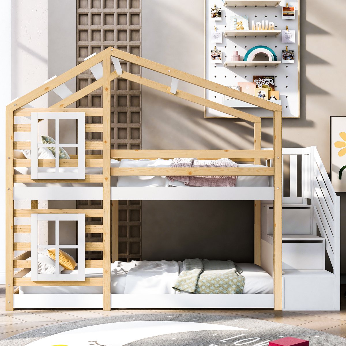 Wishdor Kinder Stapelbed 90x200 cm - Boomhuisontwerp - Opbergladder - Massief Grenenhout en MDF - Naturel en Wit Natuurlijk