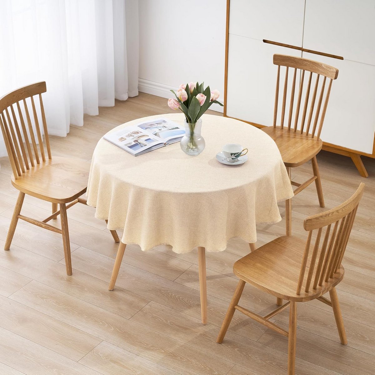 Rond Tafelkleed 140 cm Waterafstotend Linnenlook Beige voor Binnen en Buiten