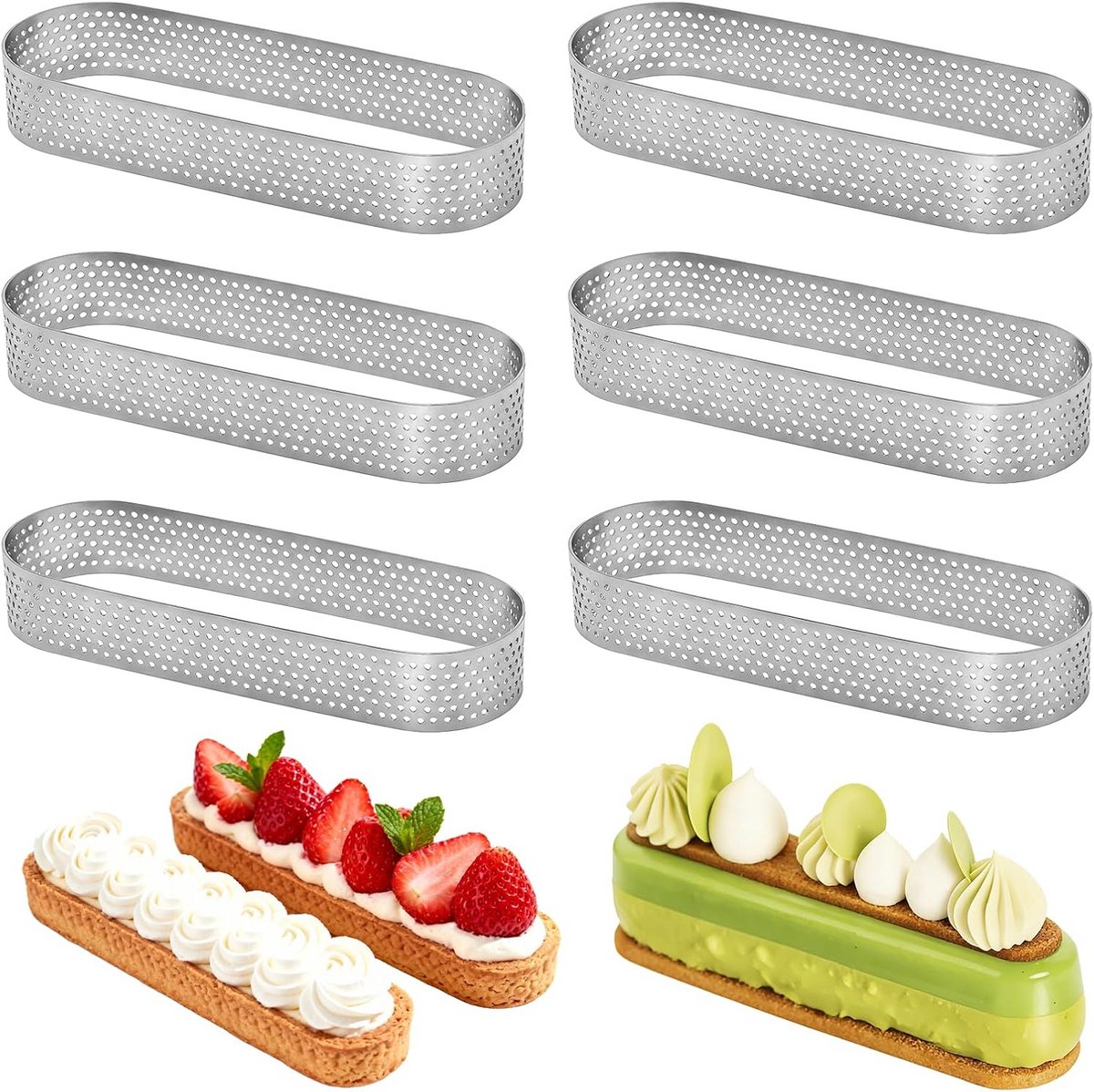 Set van 6 Ovale Bakringen Roestvrij Staal Perforeren voor Gebak en Desserts