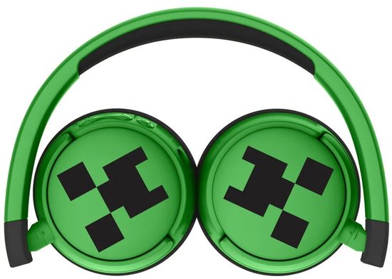 Gevouwen groene Minecraft draadloze koptelefoon met zwarte oorschelpen en Creeper-print.