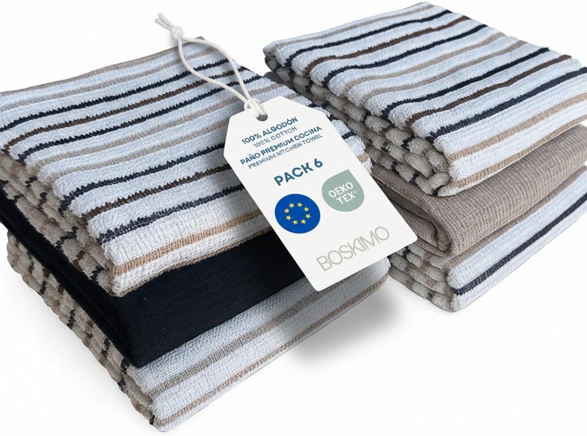 Set van 6 absorberende keukentheedoeken, katoen en microvezel, 45x65 cm