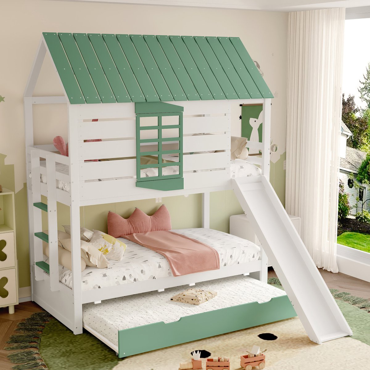 MODFU Stapelbed 90x200 cm – Wit/groen met glijbaan & uitschuifbed – Huisjesdesign Wit + Groen