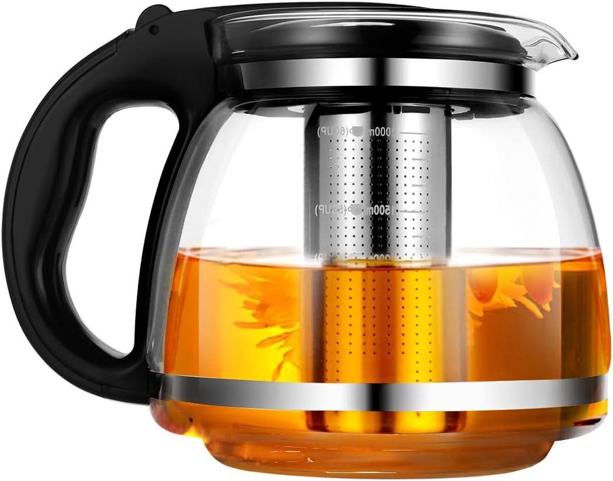 Theepot van Glas met Roestvrij Staal Filter, Hittebestendig en Handvat, 2000ml (Zwart)
