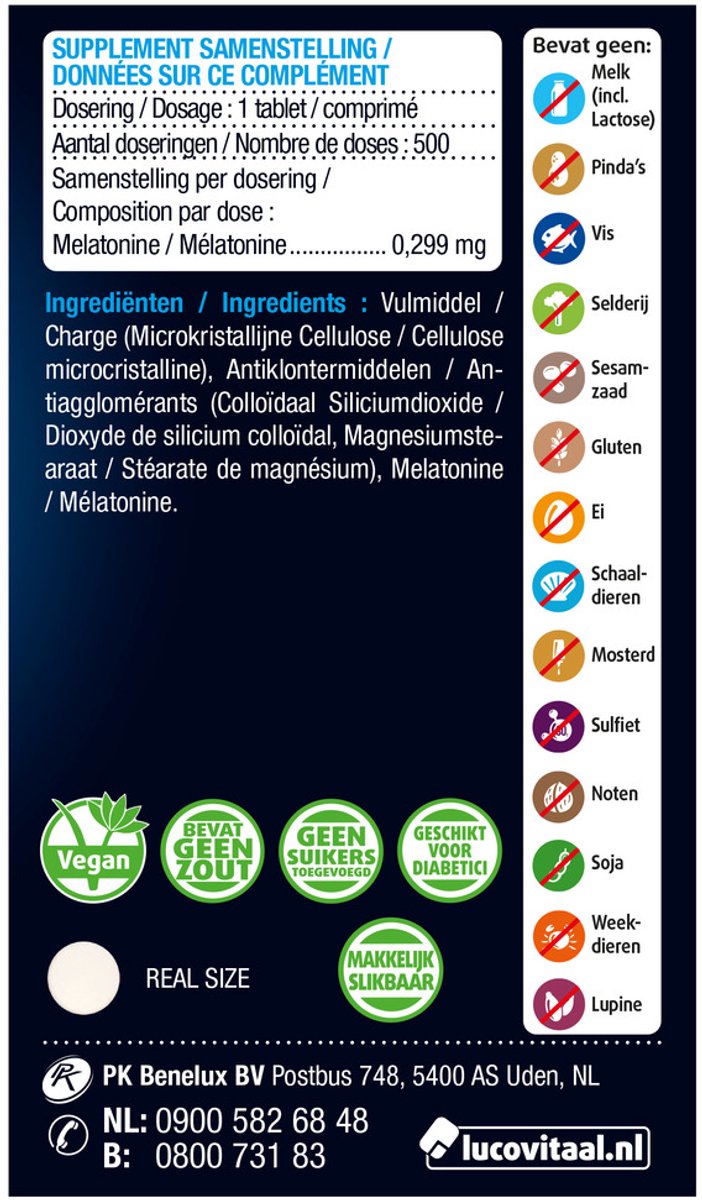 Lucovitaal - Melatonine Tabletjes 0,299 mg - 500 tabletten - Voedingssupplementen — afbeelding 7