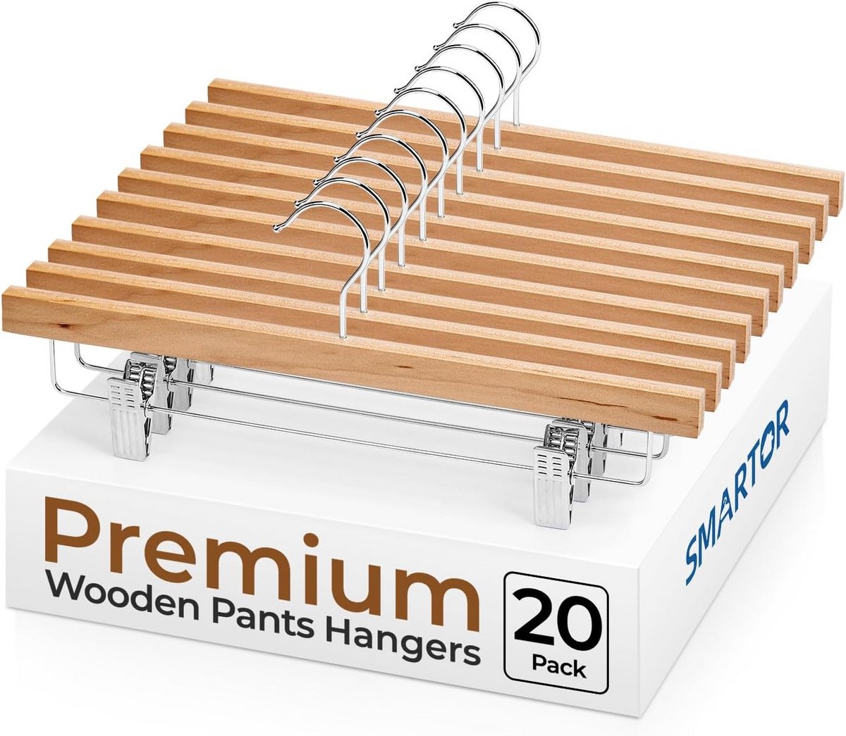 Set van 20 Houten Broekhangers met Verstelbare Clips - 35 cm Jeans- en Rokhangers