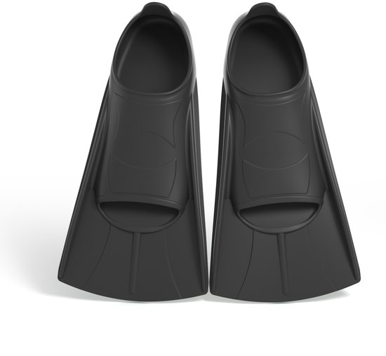 Une paire de palmes de natation noires, vues de face, avec l'ouverture pour le pied et la nageoire.