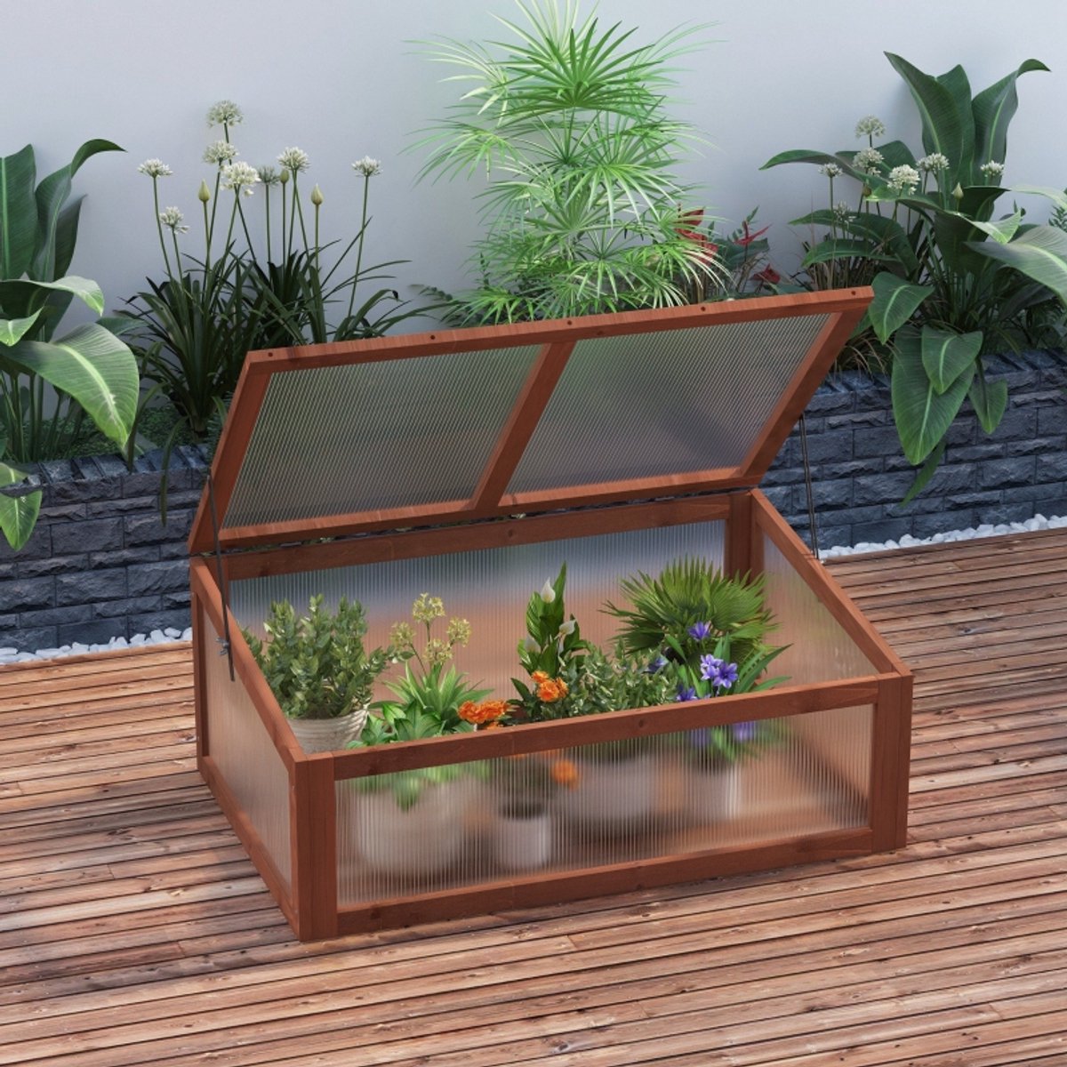 REDOM - Mini Kas - Met Openklapbaar Deksel En Schuin Ontwerp - Voor Tuin - Hout - Bruin - 100 x 65 x 40 cm