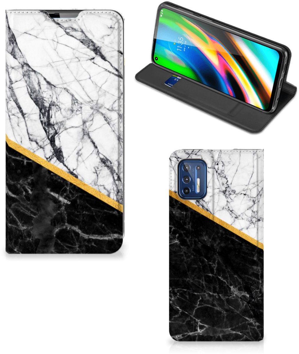 Motorola Moto G9 Plus Standcase Marmer Wit Zwart - Origineel Cadeau Man