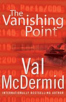 Boek met de titel 'The Vanishing Point' van Val McDermid, met een rode achtergrond met vliegtuignummers en een persoon in een rolstoel.