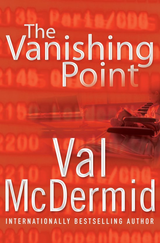 Boek met de titel 'The Vanishing Point' van Val McDermid, met een rode achtergrond met vliegtuignummers en een persoon in een rolstoel.