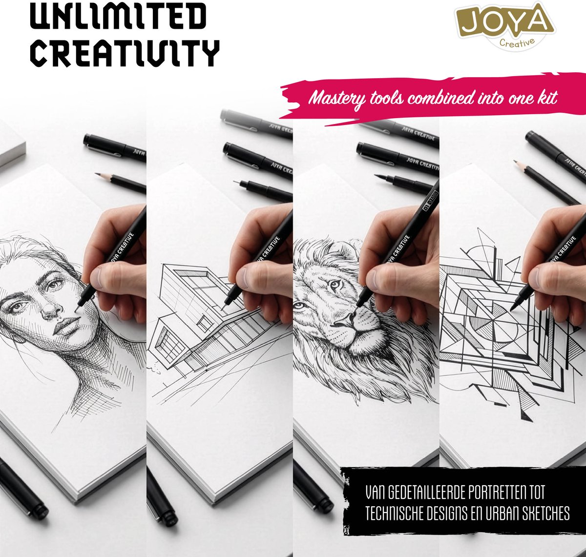 Joya Creative Fineliners Zwart Set - 10 Fineliners met Verschillende Diktes - Pen Case - Schetsboek - Brush Pen - Handlettering en Manga Tekenen — afbeelding 7