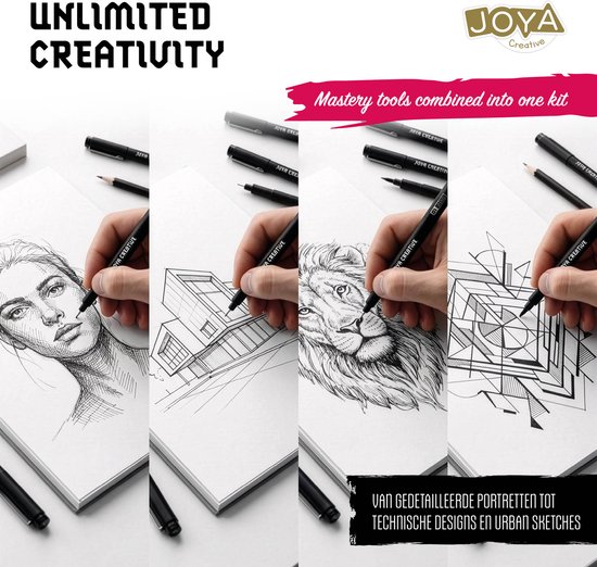 Collage van vier tekeningen: portret, architectuur, leeuw en geometrisch ontwerp, gemaakt met Joya Creative fineliners.