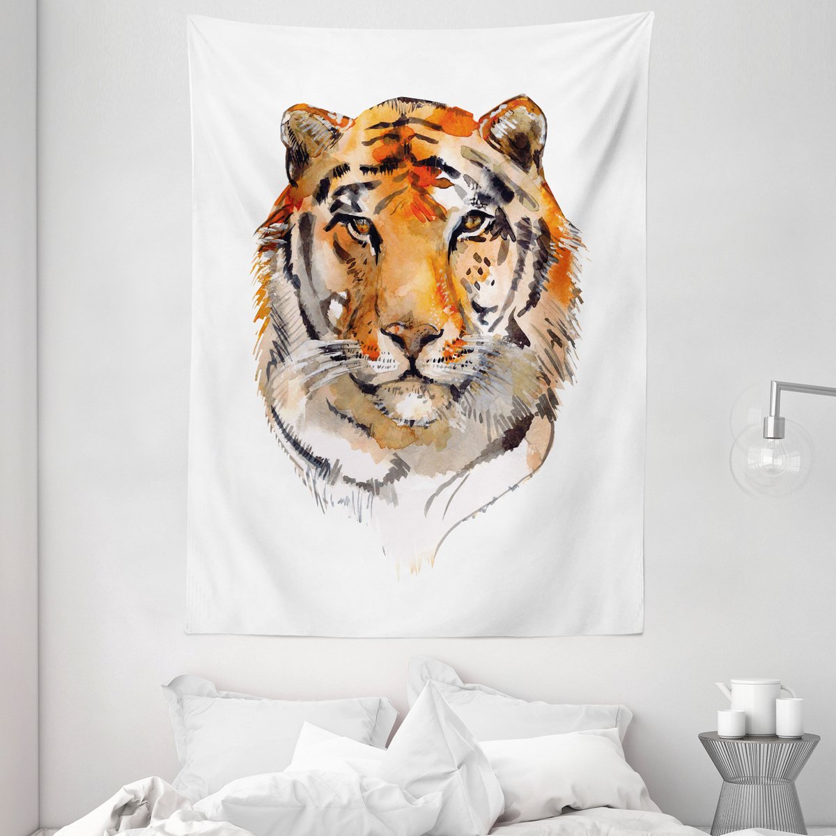 ABAKUHAUS Tijger Wandtapijt en Sprei, Rustgevende Spreeuwen Aquarel Kunst, 110 x 150 cm, Oranje Zwart