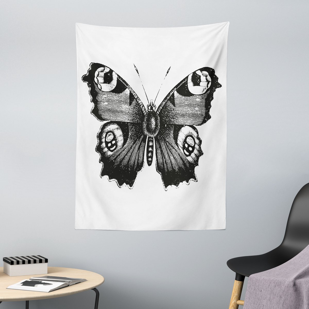 ABAKUHAUS Zwart-wit wandtapijt en sprei, vlinderkunst, 110 x 150 cm, zwart-wit