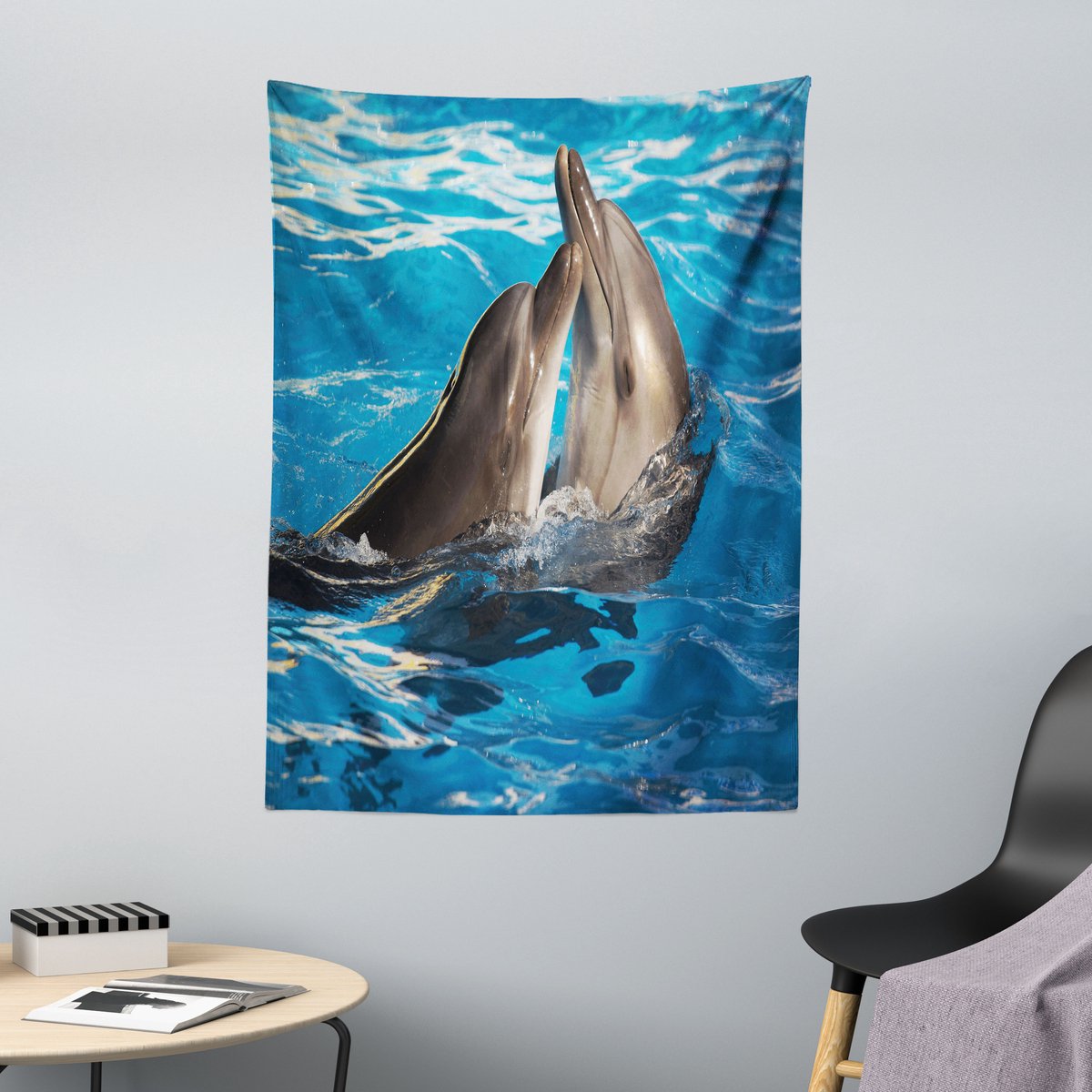 ABAKUHAUS Dolfijnen Wandtapijt en Sprei, Aqua Show Fotografie, 110 x 150 cm, Donkerblauw Taupe Blauw donker taupe