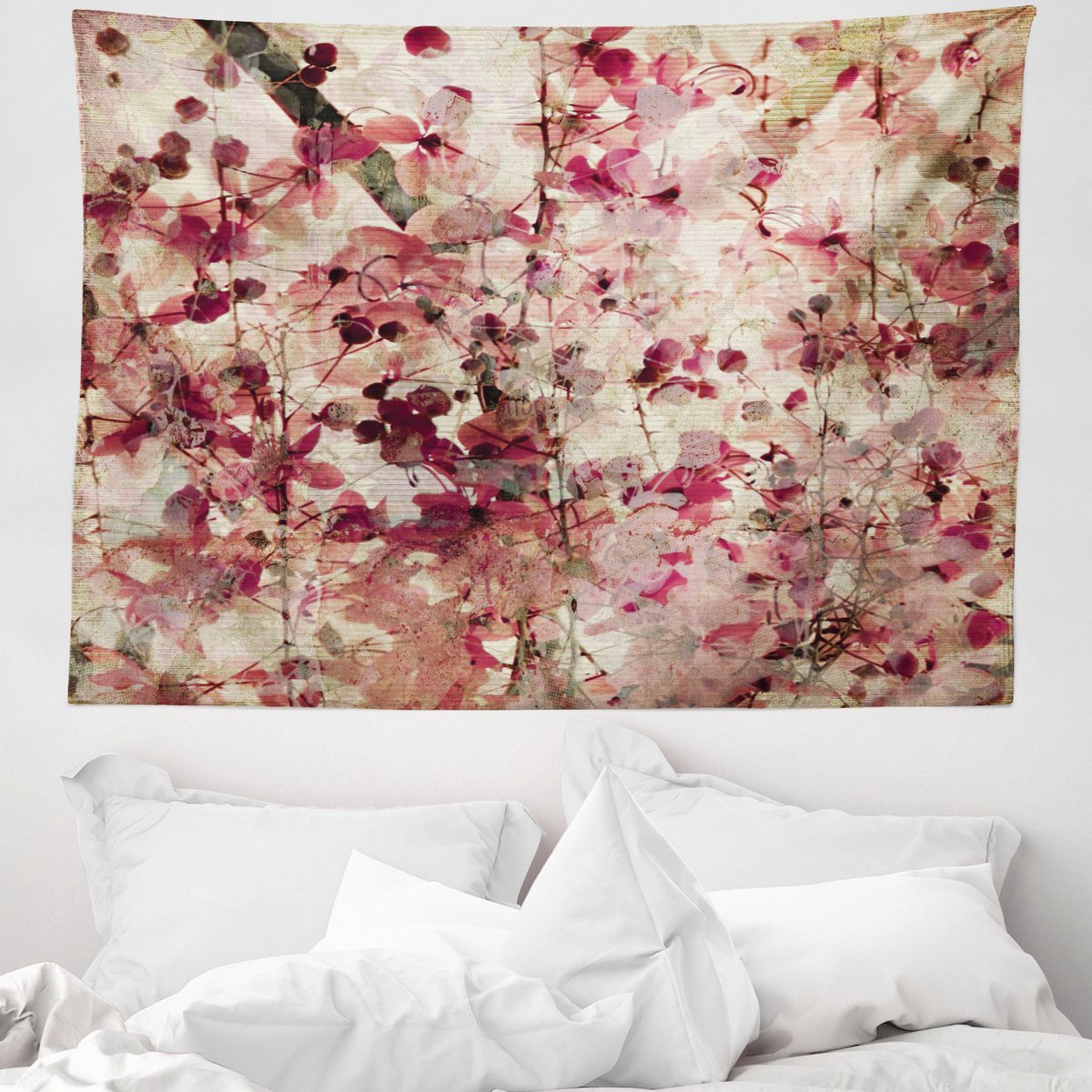 ABAKUHAUS Antiek Wandtapijt, Verweerde Kersenbloesems op Geribbelde Bamboe Retro Achtergrond Bloemenkunstwerk, 150 x 110 cm, Roze Beige