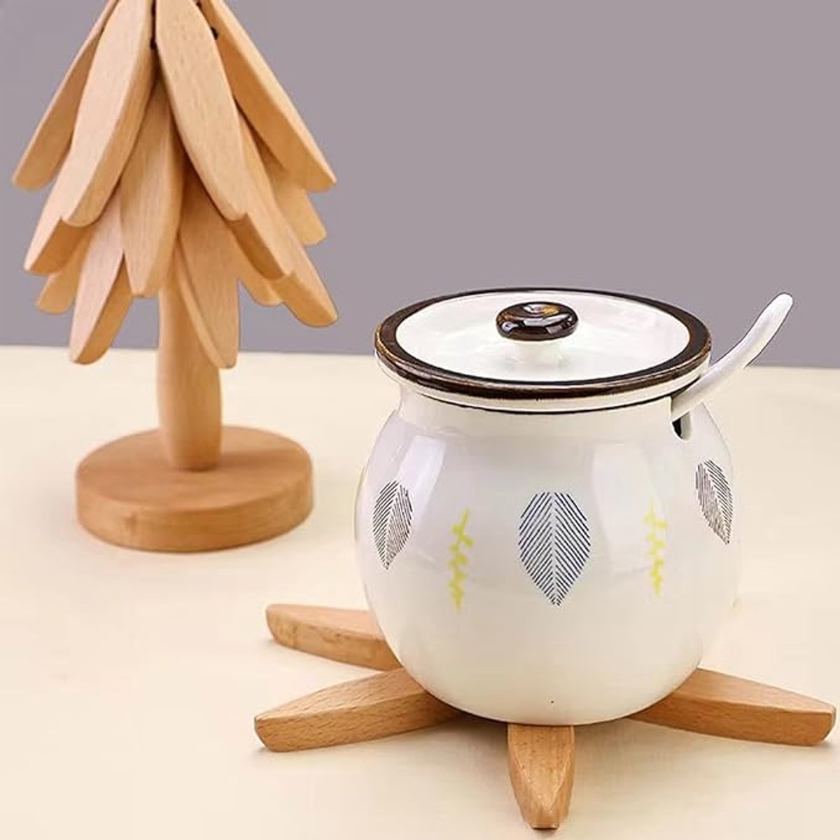 Houten Onderzetters in De Vorm Van Een Boom - Opvouwbare Houten Onderzetter - Set van 4 Houten Onderzetters en 1 Houder - voor Pannen, Koekenpannen en Warme Kommen — cadeau in Koken & Dineren - foto 7