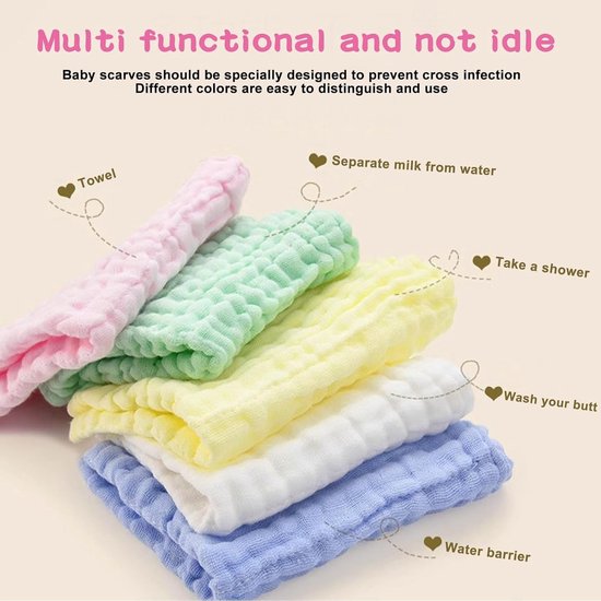 Katoenen doeken set voor baby en kind - 10 stuks, 25 x 25 cm, zachte mousseline van Merkloos — afbeelding 3