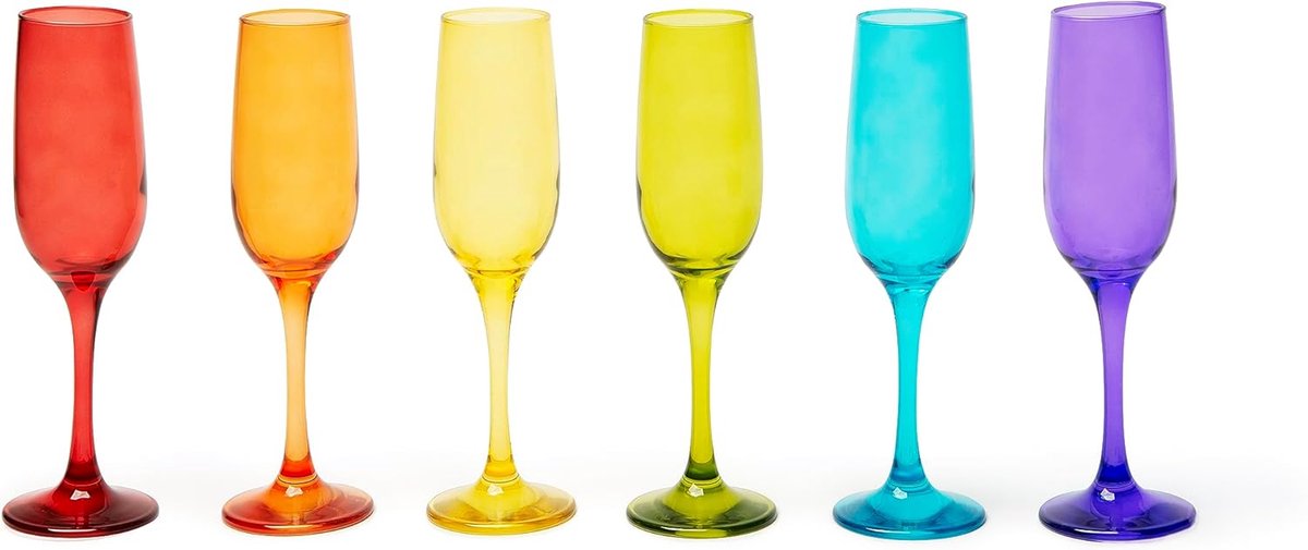 Set van 6 Meerkleurige Champagneglazen van 250 ml - Mondgeblazen Glas