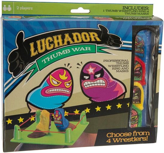 Doos van Luchador Thumb War spel met twee worstelaarsmaskers en vier maskers binnenin.