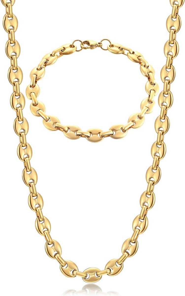 Herenketting en Armband Set Roestvrij Staal Zilver Goud Zwart Vlakke Schakel