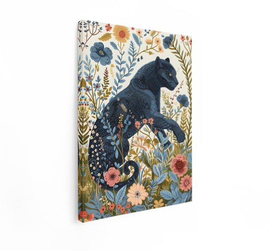 Vue en angle d'une toile représentant une panthère noire entourée de fleurs colorées.