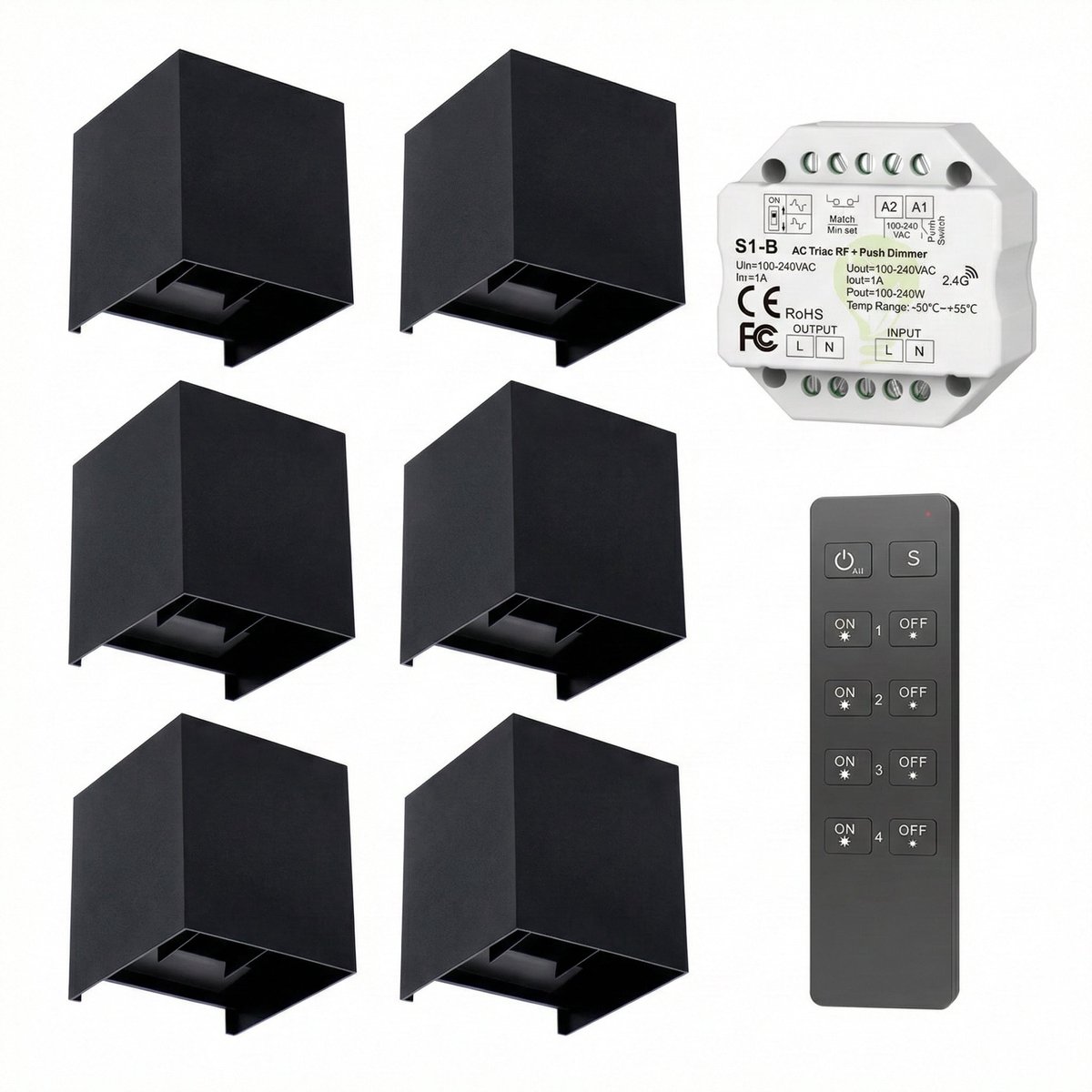 6x | Cube wandlamp set | Draadloos dimbaar | Zwart | CCT - Lichtkleur instelbaar | Incl. afstandsbediening