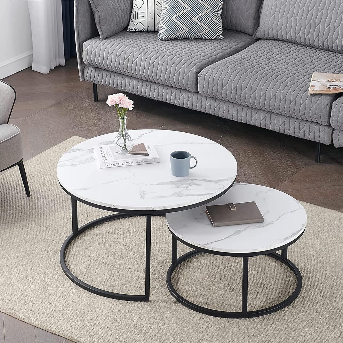 Set van 2 Ronde Salontafels Nesttafels Marmerlook Wit Zwart