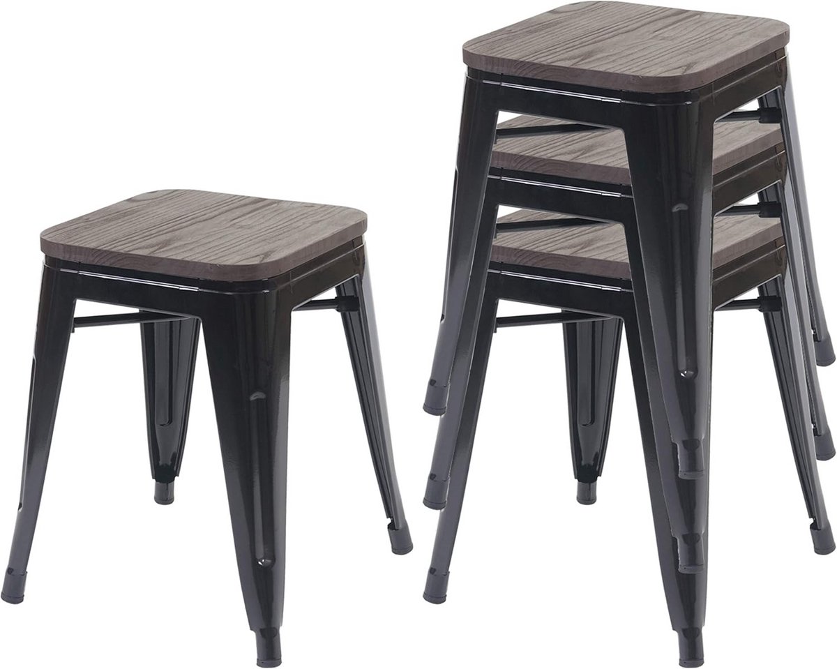 Set van 4 Stapelbare Barkrukken met Houten Zitting en Metalen Frame - Industrieel Design