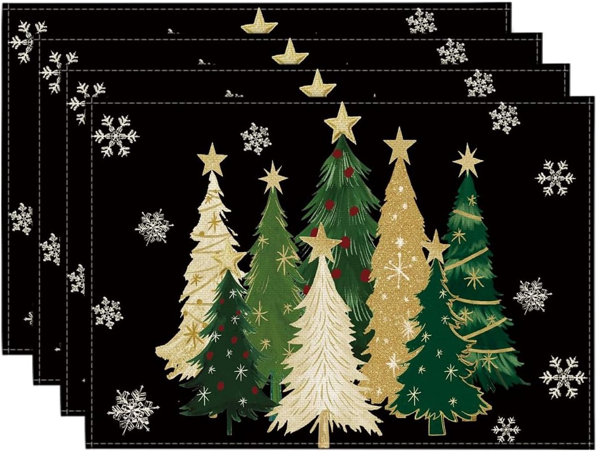 Set van 4 Kerst Placemats met Zwarte Bomen - Tafelbeschermers Wasbaar 30x45 cm