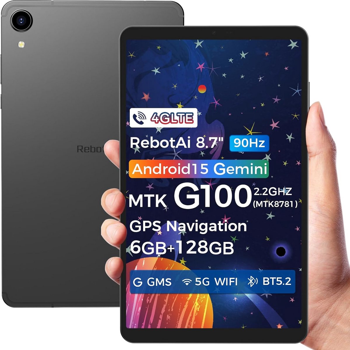 8,7 inch Tablet Android 15 met Gemini AI, 6GB RAM, 128GB Opslag, WiFi 6 en HD+ IPS Scherm