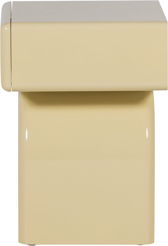 Gele bijzettafel met rechthoekig blad en een poot in de vorm van een boog.