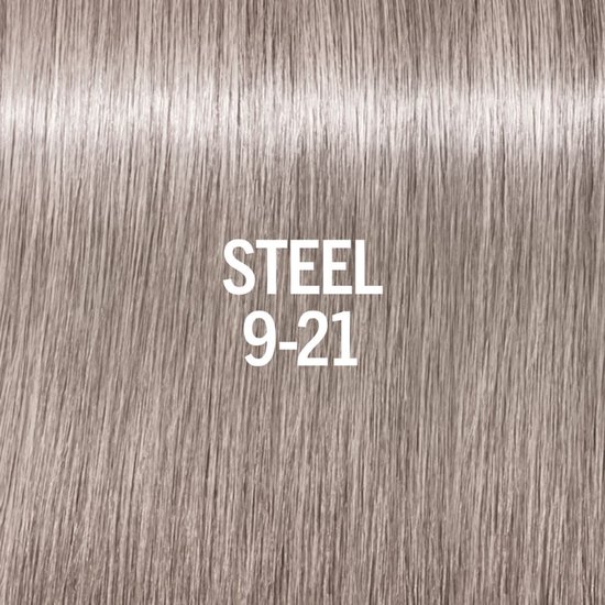 Een streng haar in de kleur "STEEL 9-21", een lichtgrijze, zilverachtige tint.