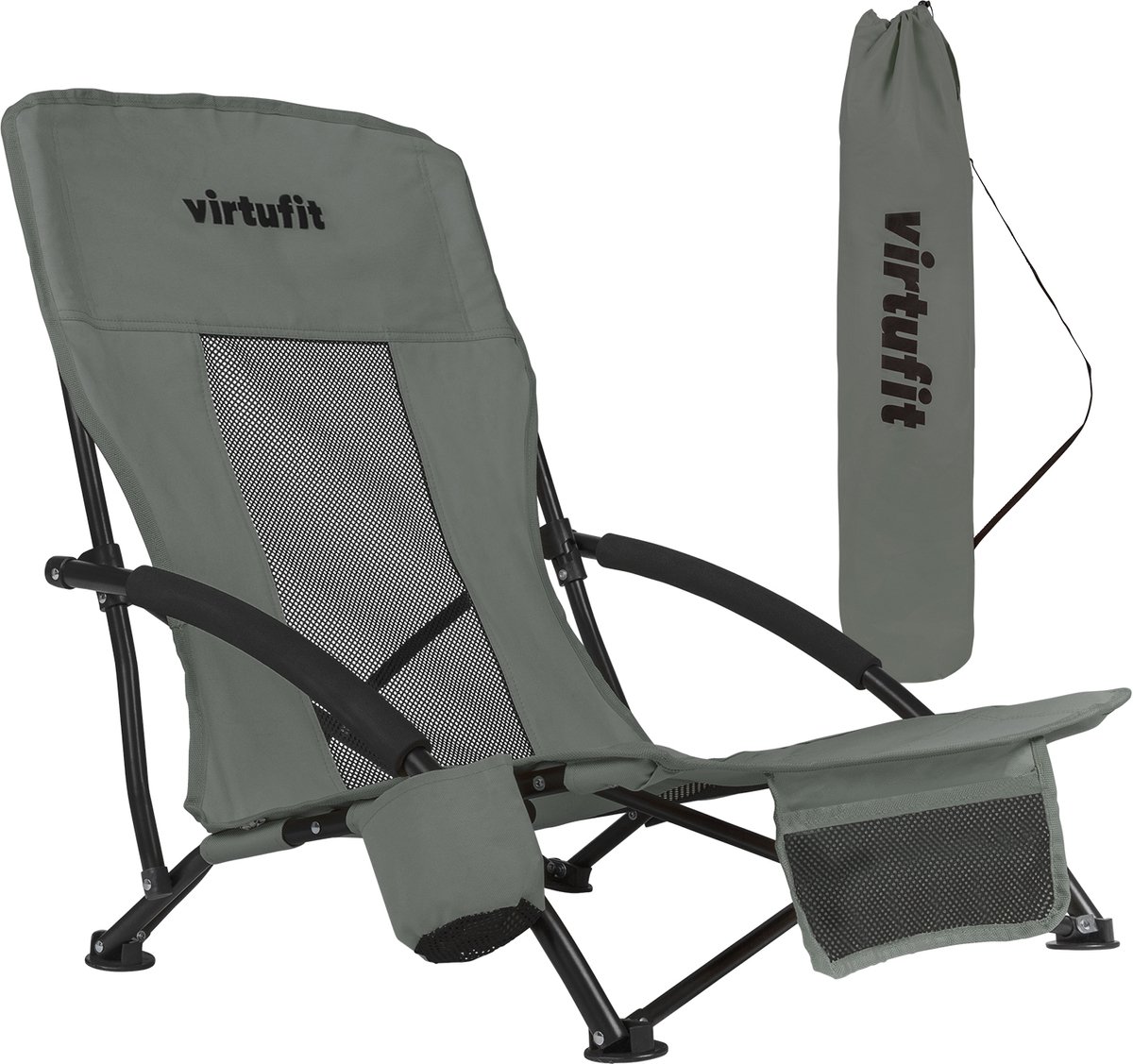 Bol.com VirtuFit Opvouwbare Strandstoel - Grijs - Met Bekerhouder en Opbergvak - Incl. Draagtas - Compact, Duurzaam, Lichtgewich... aanbieding