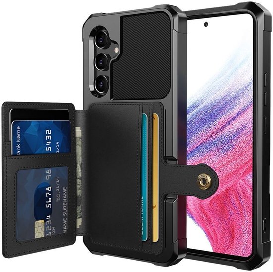 Samsung Galaxy A54 hoesje met pasjeshouder, 4 kaartvakken, drukknoop, magnetisch, portemonnee case zwart