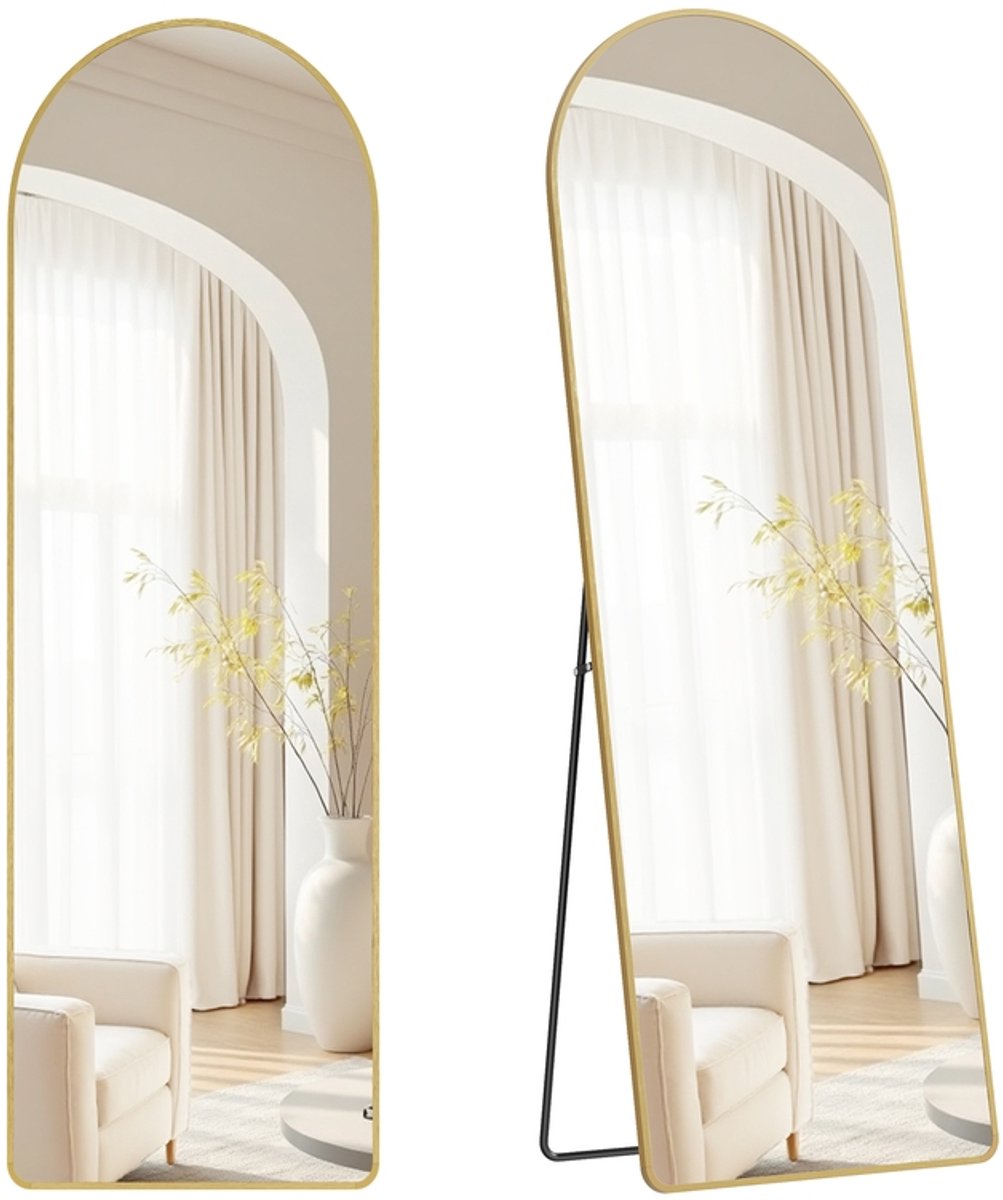 Staande spiegel – 160 x 50 cm – Gebogen frame van gehard glas – Lichtgoudkleurig