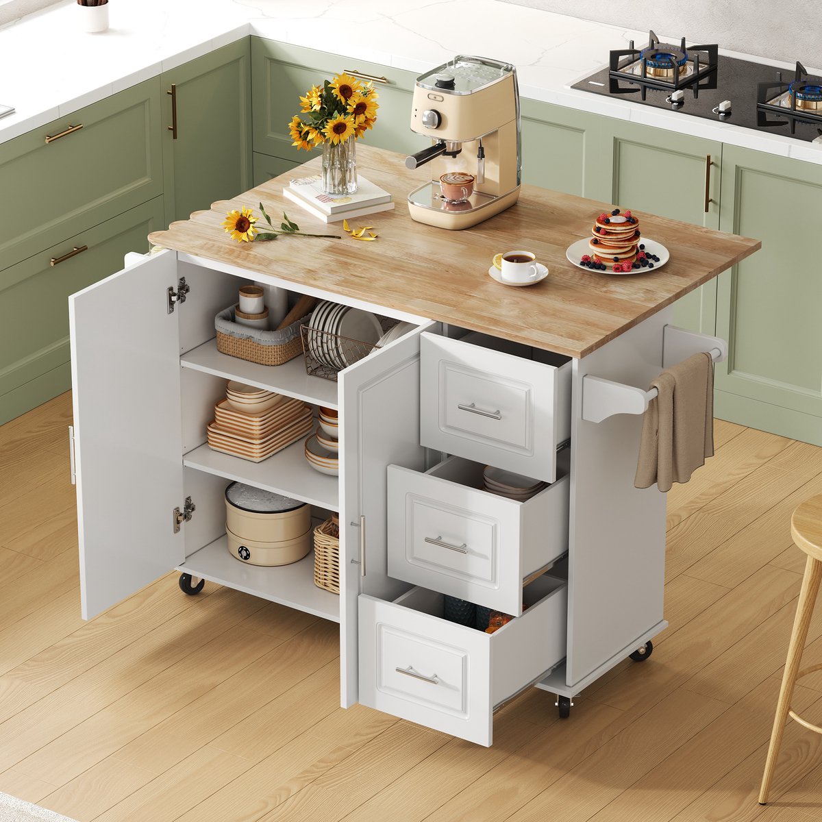 HAUSS SPOLE Keukeneiland - Inklapbaar Werkblad Met 3 Lades En 2 Deuren - Mobiele Opbergwagen Voor Keuken En Eetkamer - MDF Wit - 137x43(76)x92 Cm