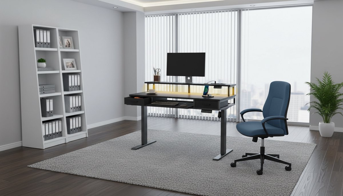 Electric Desk Casa Velluto 120 cm – Height Adjustable Standing Desk with Drawers, Keyboard Tray, Monitor Stand, USB & Power Outlets, LED Light Strip, Ergonomic Office Desk – Modern Black