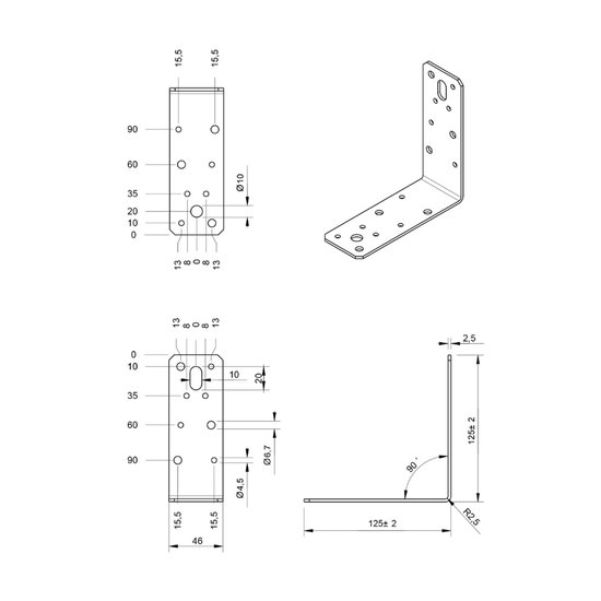 Technische tekening van een hoekanker met afmetingen: 125x125x46x2.5mm en diameter 10mm.