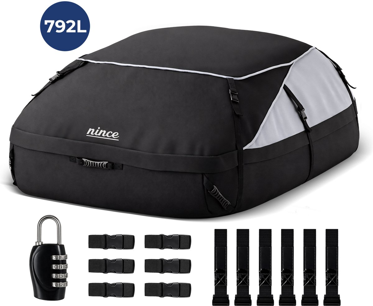 Nince Dakkoffer 792L - Waterdichte Auto Daktas - Opvouwbaar - Met en Zonder Dakdragers - Oxford 900D + PVC - Zwart