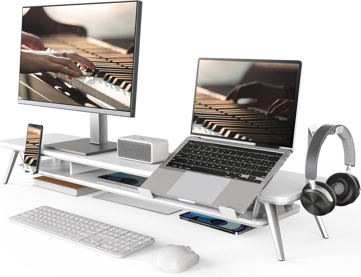 Dual Monitor Stand met Telefoonhouder, Laptopstandaard en Hoofdtelefoonhouder - 108cm Houten Bureau Organizer met Kabelbeheer - Bureau Accessoires