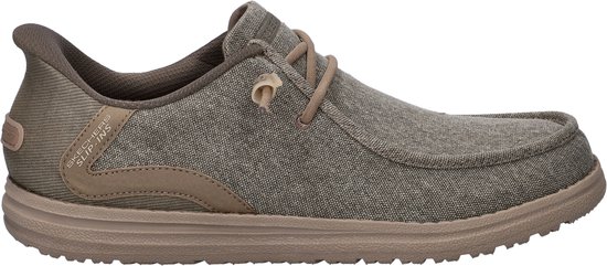 Zijaanzicht taupe canvas Skechers instapper met "SLIP-INS" op hielband.