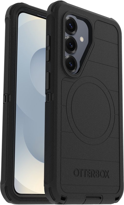 Zwarte Otterbox Defender Pro telefoonhoes voor Samsung Galaxy S26, schuin van voren en achteren bekeken.
