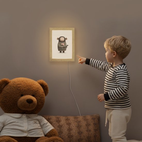 Nachtlampje 15x20 cm - Kinder lampje - Aap - Roze bloemen - Speels - Tafellamp kinderkamer - Slaapkamer lamp - Bedlamp kinderen - Kinderlampje stopcontact - Wandlamp babykamer - Nachtlampjes van OnlyWow — afbeelding 5