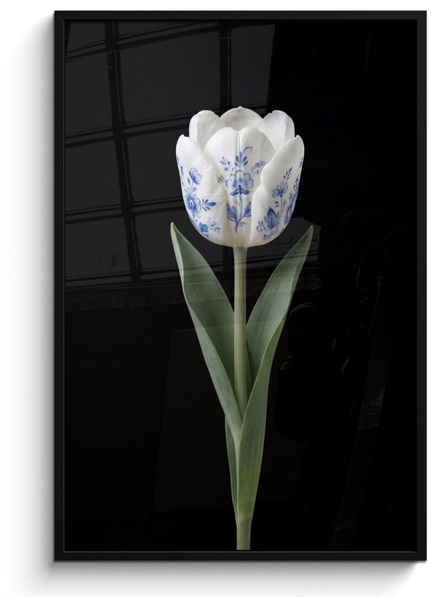 FrameYourWall Poster in lijst - Fotolijst 80x120 cm - Posters - Tulp - Patroon - Blauw - Posterlijst zwart - Decoratie - Wanddecoratie woonkamer - Muurdecoratie slaapkamer