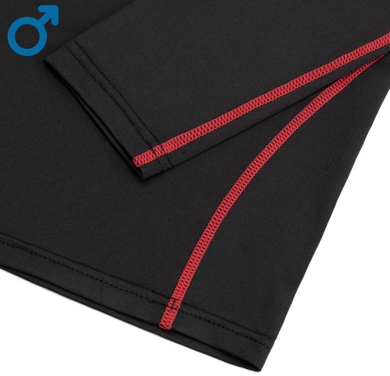 Détail de l'ourlet d'un t-shirt de sport noir à manches longues avec coutures rouges.