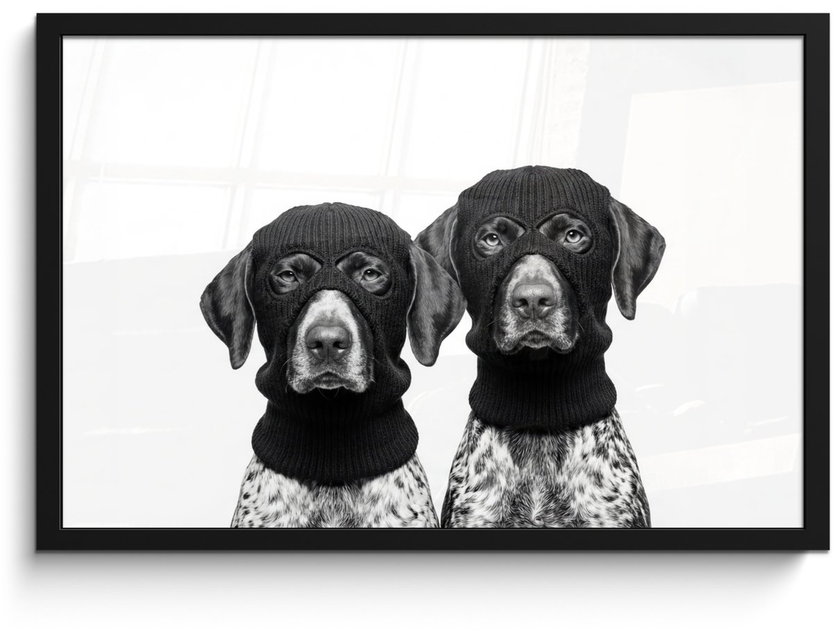 FrameYourWall Poster in lijst - Fotolijst 60x40 cm - Posters - Honden - Bivakmuts - Zwart - wit - Posterlijst zwart - Decoratie - Wanddecoratie woonkamer - Muurdecoratie slaapkamer
